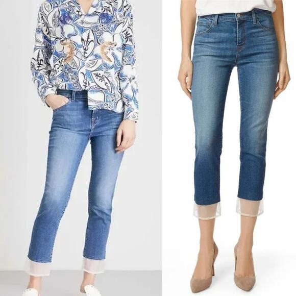 J Brand Womens Jeans Blue Size 27 Ruby Cropped Cigarette Gossamer Mesh Hem Denim - Picture 1 of 10